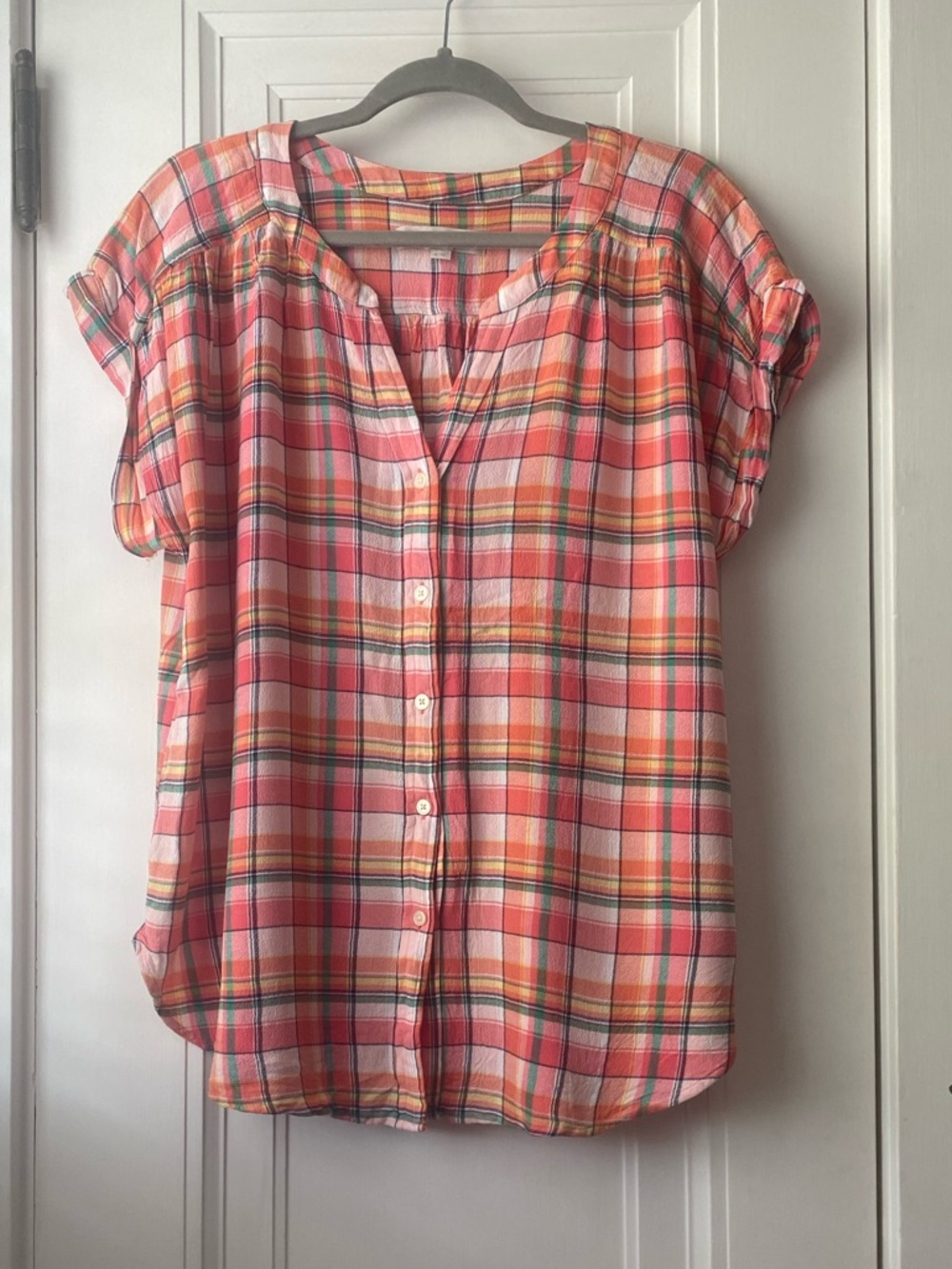 Loft airy relaxed fit madras plaid button down blouse shirt XL